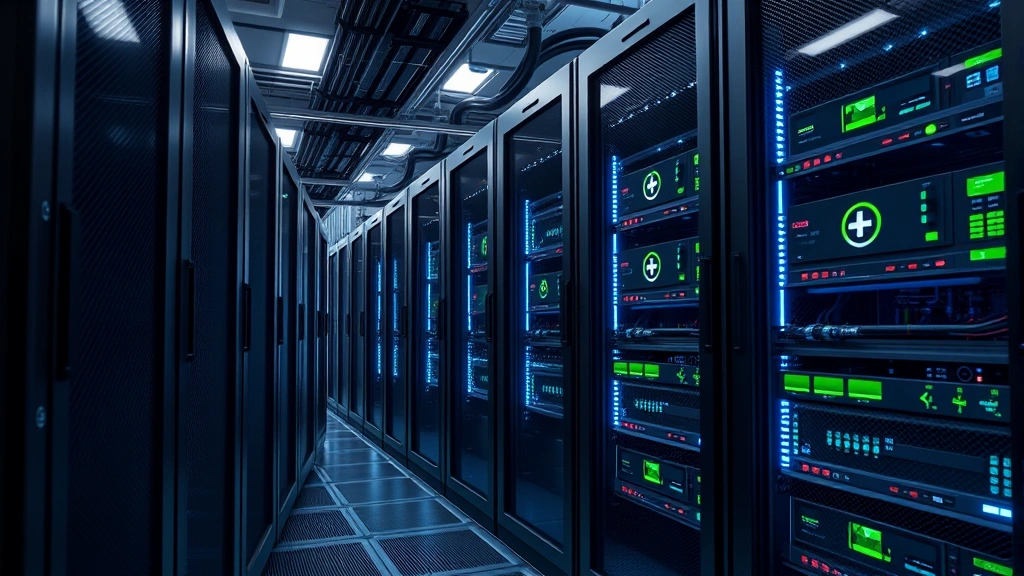 Photorealistic image of data center server racks with cooling systems and green energy indicators, showing efficient computational infrastructure with minimal power consumption