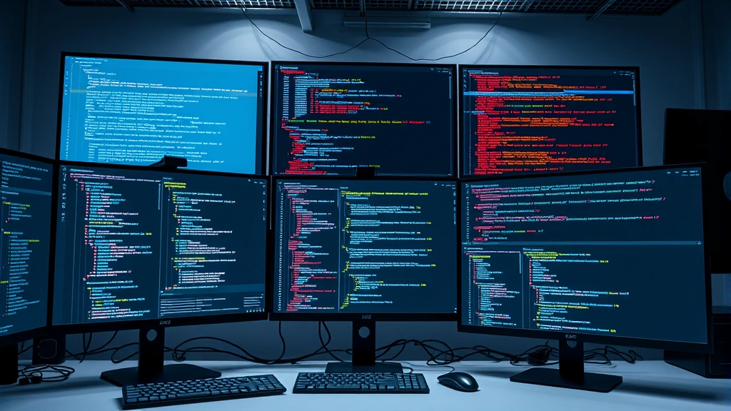 Photorealistic image of developer workspace with multiple monitors displaying code and dependency trees, representing efficient software development practices and organized project environments