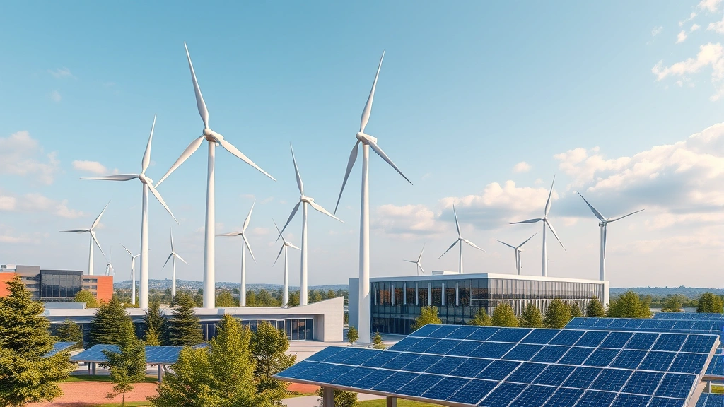 Photorealistic image of renewable energy wind turbines and solar panels powering a modern technology campus, symbolizing sustainable technology infrastructure and green computing