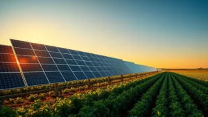 Photorealistic solar panel array installed on agricultural land with crops growing beneath, golden hour sunlight casting long shadows, verdant fields extending to horizon, no text or labels
