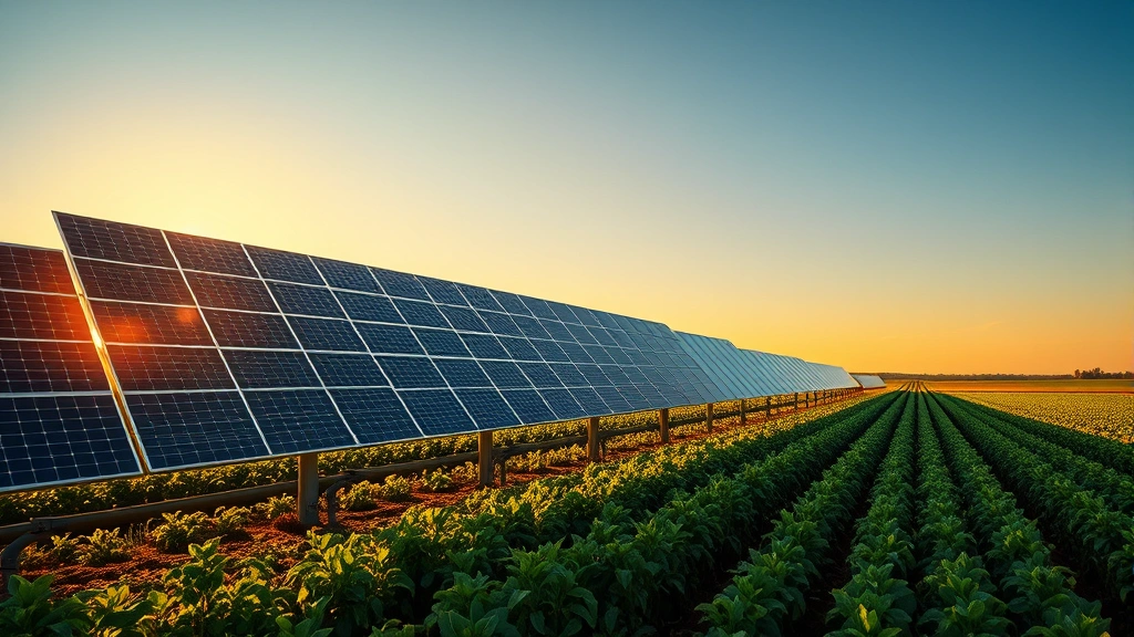 Photorealistic solar panel array installed on agricultural land with crops growing beneath, golden hour sunlight casting long shadows, verdant fields extending to horizon, no text or labels