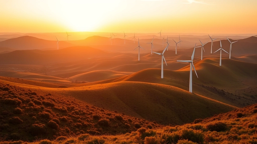 Wind turbines on rolling green hills during sunset with warm amber light, sustainable landscape with natural vegetation, diverse terrain, no charts or graphics visible