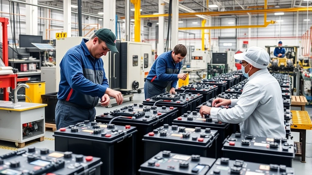 Manufacturing facility workers assembling battery components for energy storage systems, modern industrial workspace with safety equipment, focused human labor in clean environment, no signage or identifying text