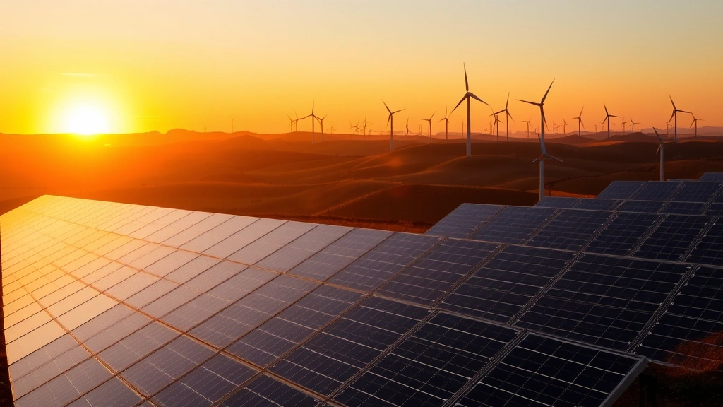 Solar panel array at sunset with wind turbines in background, golden hour light illuminating renewable energy infrastructure across rolling hills, photorealistic landscape showing clean energy transition