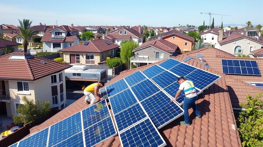 Diverse workforce installing solar panels on residential rooftops in suburban neighborhood, multiple ethnicities working collaboratively, modern homes with green infrastructure, bright daylight showing job creation