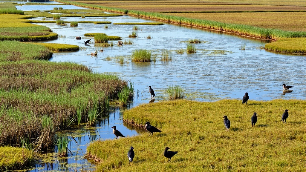 Restored wetland ecosystem with native vegetation, clean water, birds, and wildlife thriving alongside sustainable agriculture fields, showing ecosystem recovery and economic productivity together, natural landscape photography