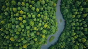Aerial view of lush green forest canopy with winding river, representing ecosystem isolation and compartmentalization similar to conda environment separation, photorealistic natural landscape, no text or labels