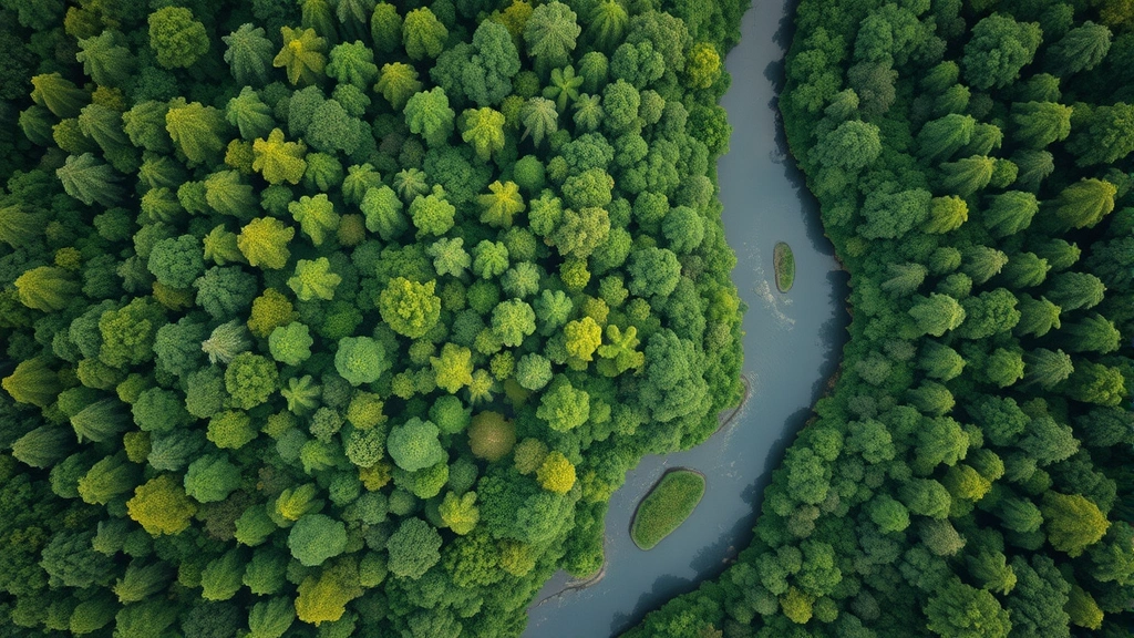 Aerial view of lush green forest canopy with winding river, representing ecosystem isolation and compartmentalization similar to conda environment separation, photorealistic natural landscape, no text or labels