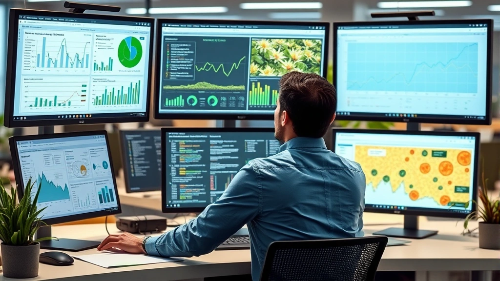 Data scientist working at desk with multiple computer monitors displaying environmental monitoring data, renewable energy statistics, and ecological research visualizations, modern office setting with plants, photorealistic, no charts or graphs visible on screens