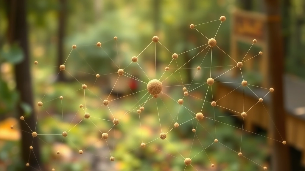 Interconnected network visualization of sustainable supply chains and environmental data flows, showing nodes and connections in natural earth tones, representing dependency resolution and package management architecture, photorealistic illustration style, no text overlays