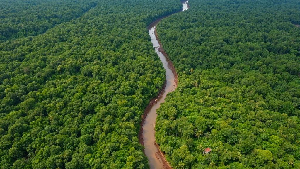 Aerial view of intact tropical rainforest canopy with river winding through pristine green forest landscape, showing natural biodiversity and ecosystem complexity without text or labels
