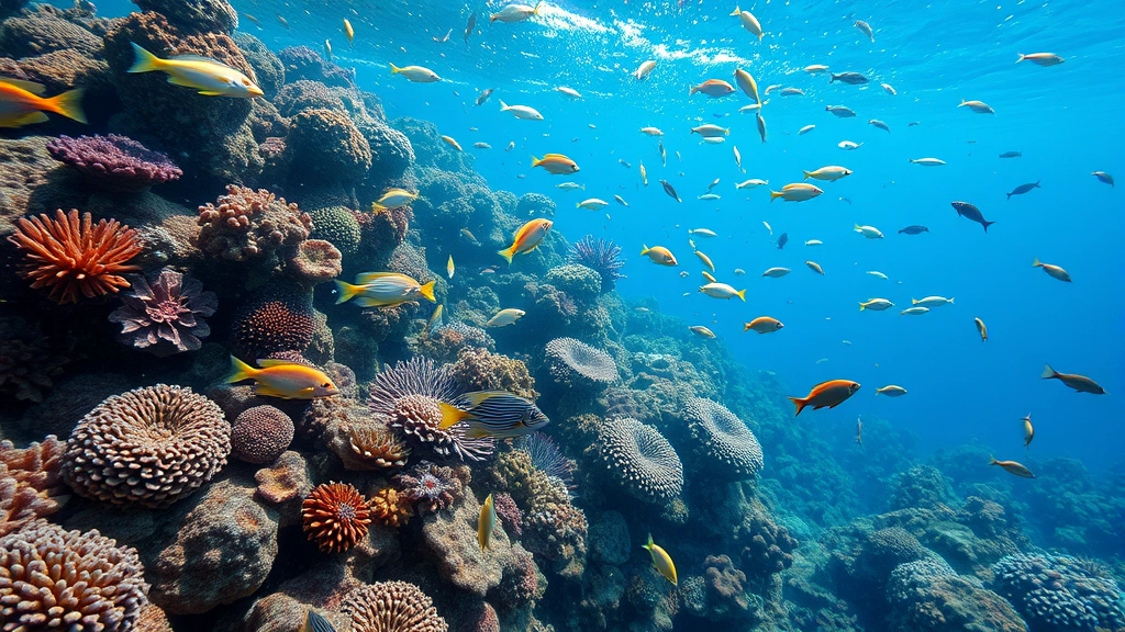 Underwater coral reef ecosystem with diverse fish species, colorful corals, and clear water showing marine biodiversity and ocean health in photorealistic detail