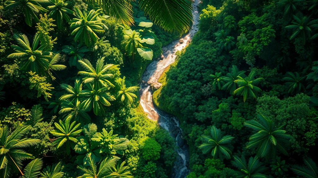 Aerial view of pristine tropical rainforest canopy with winding river, sunlight filtering through dense green vegetation, demonstrating ecosystem complexity and natural water regulation services