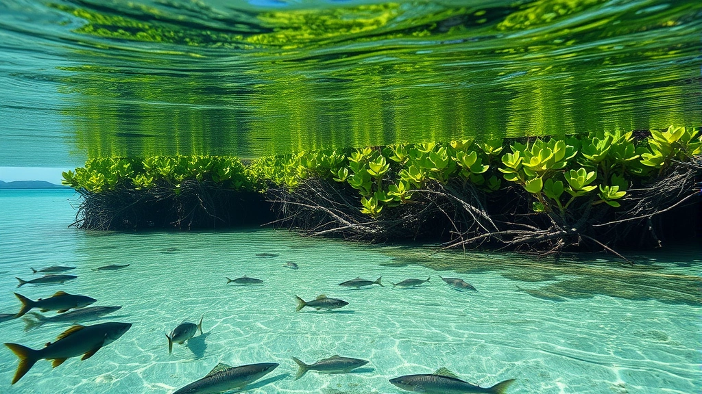 Coastal mangrove forest meeting ocean water, with fish and marine life visible in clear shallow water, illustrating coastal ecosystem services and natural protection