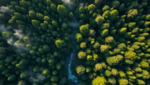 Aerial view of diverse forest canopy with winding river, morning mist, sunlight filtering through leaves, vibrant green ecosystem teeming with life, untouched wilderness landscape