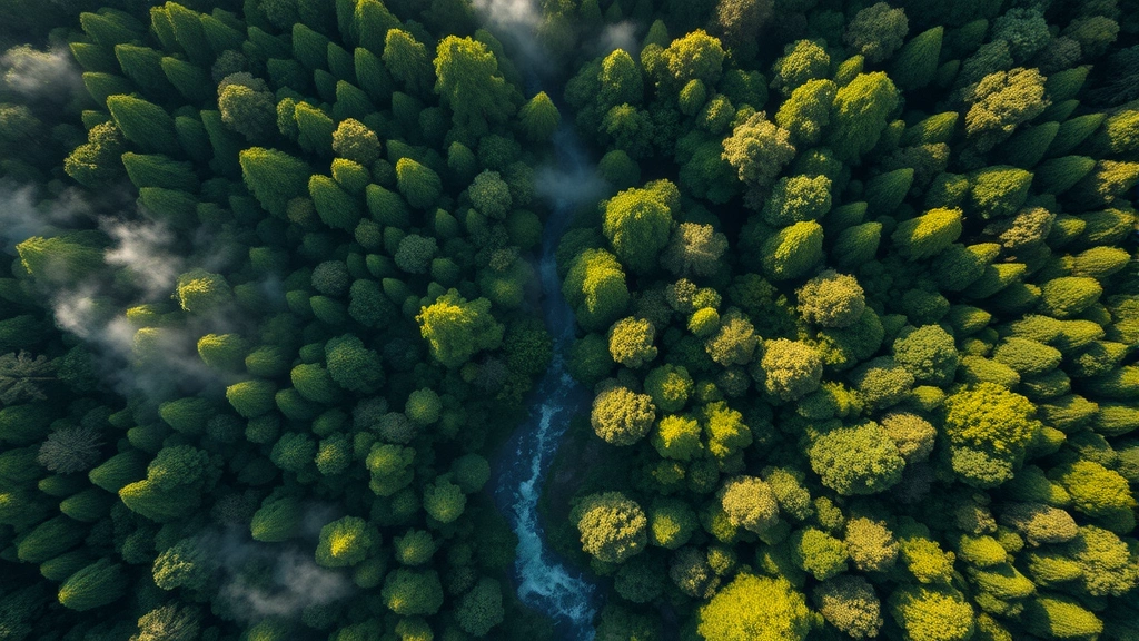 Aerial view of diverse forest canopy with winding river, morning mist, sunlight filtering through leaves, vibrant green ecosystem teeming with life, untouched wilderness landscape