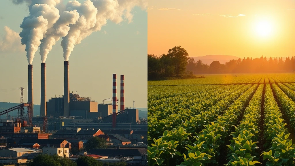 Split-screen comparison: left side bustling industrial factory with smokestacks emitting smoke, right side peaceful regenerative farm with diverse crops and wildlife, morning light, environmental contrast