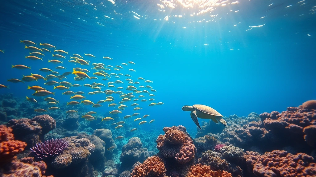 Underwater coral reef ecosystem with schools of colorful fish, sea turtle swimming, healthy corals, crystal clear water, sunlight penetrating from surface, marine biodiversity abundance