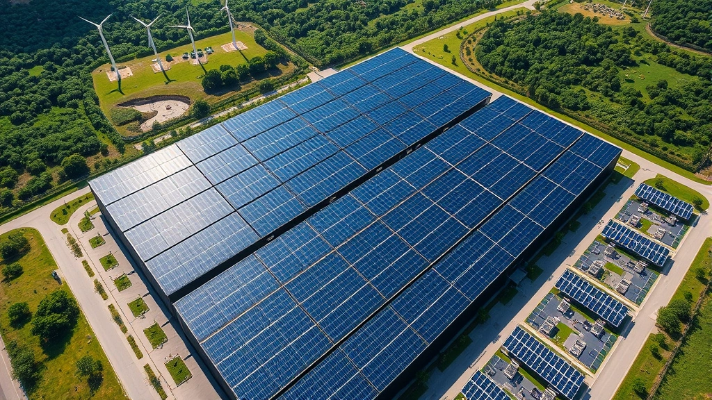Aerial view of a vast data center with solar panels on the roof, surrounded by green landscape with wind turbines visible in the distance, showing sustainable technology infrastructure integration