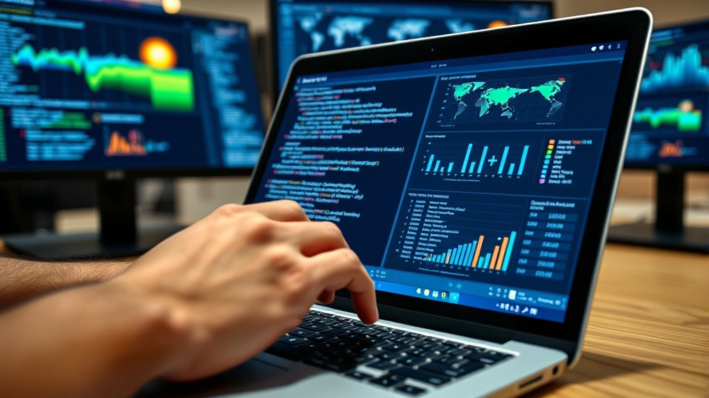 Close-up of hands typing on a laptop displaying code and environment variables, with a blurred background of renewable energy visualizations and climate data dashboards on multiple screens