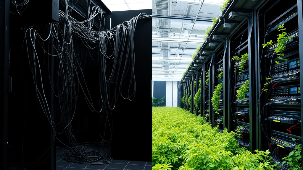 Split-screen image: left side shows tangled, chaotic computer cables and server rooms in darkness; right side shows organized, efficient server infrastructure with clean cable management and green vegetation growing around sustainable computing facilities