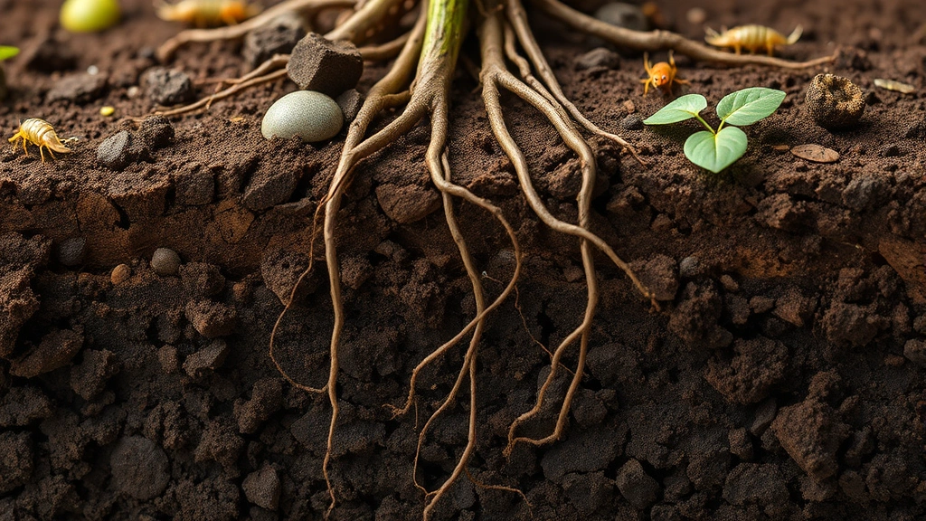 Close-up of healthy soil cross-section showing rich dark earth with visible root systems, insects, and microbial networks, photorealistic detail