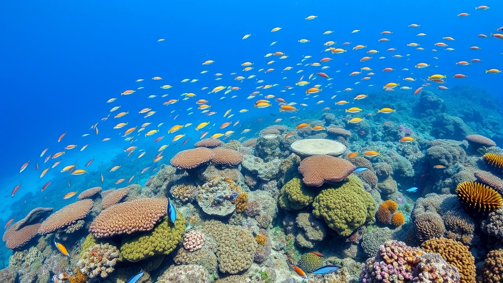 Vibrant coral reef ecosystem with hundreds of colorful fish species, coral formations, and sea vegetation, clear blue water, underwater photography