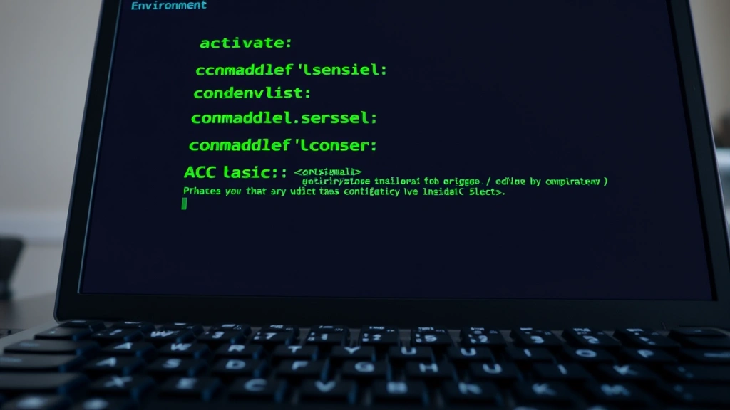 Photorealistic image of a computer terminal displaying Conda environment commands with green text on dark background, showing conda activate and conda env list outputs, focused on the screen with blurred keyboard in foreground, natural office lighting, no text visible except terminal display