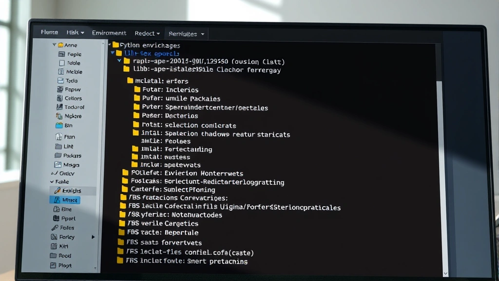 Photorealistic image of a file system folder structure displayed in file explorer or terminal tree view, showing nested environment directories with Python packages, organized directory hierarchy with folders like bin, lib, include, natural lighting on computer screen, clean desktop workspace background