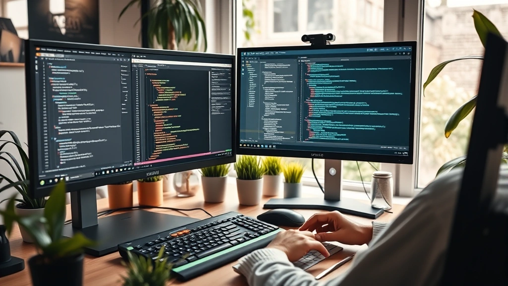 Photorealistic image of a developer working at multiple monitors showing development workflow, with one screen displaying code editor and another showing terminal output, modern workspace with plants and sustainable office setup, warm natural lighting from window, focused on the screens and hands typing