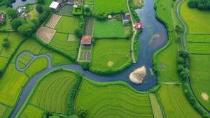 Aerial view of lush regenerative agricultural fields with diverse crop patterns and natural water features, demonstrating circular farming principles and ecosystem restoration