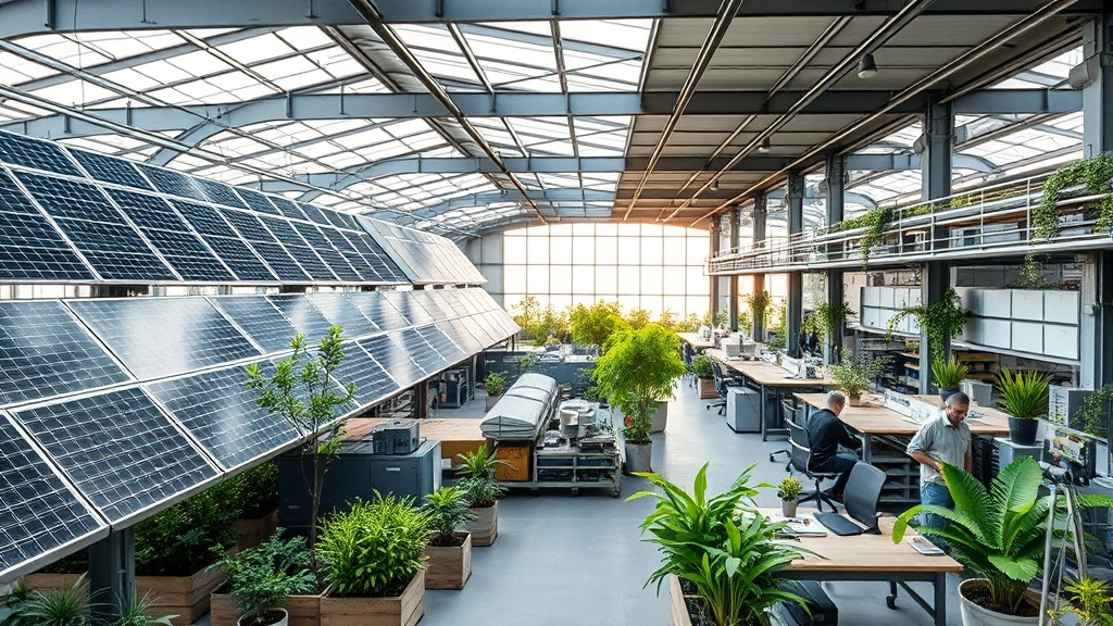 Modern sustainable manufacturing facility with solar panels, green infrastructure, and workers in contemporary workspace showing integration of nature and industrial production