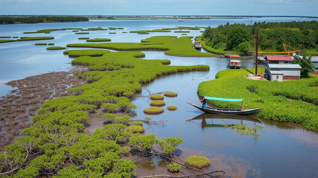 Coastal community with restored mangrove forests, wetlands, and sustainable fishing operations, showing climate resilience and economic activity coexisting harmoniously