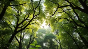 Lush forest canopy with diverse tree species, sunlight filtering through leaves, birds in flight, representing biodiversity and ecosystem productivity that supports economic systems, photorealistic nature photography