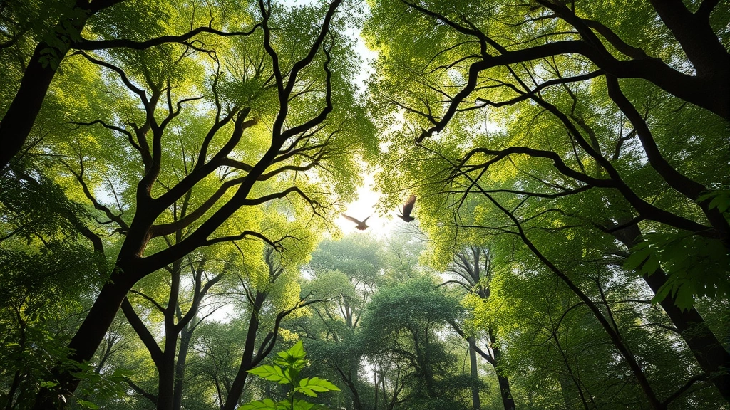 Lush forest canopy with diverse tree species, sunlight filtering through leaves, birds in flight, representing biodiversity and ecosystem productivity that supports economic systems, photorealistic nature photography