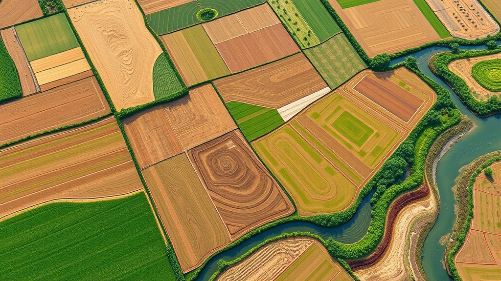 Aerial view of agricultural fields with varied crop patterns, healthy soil visible at edges, water channels, and natural vegetation strips, showing integration of farming with ecosystem services, photorealistic landscape
