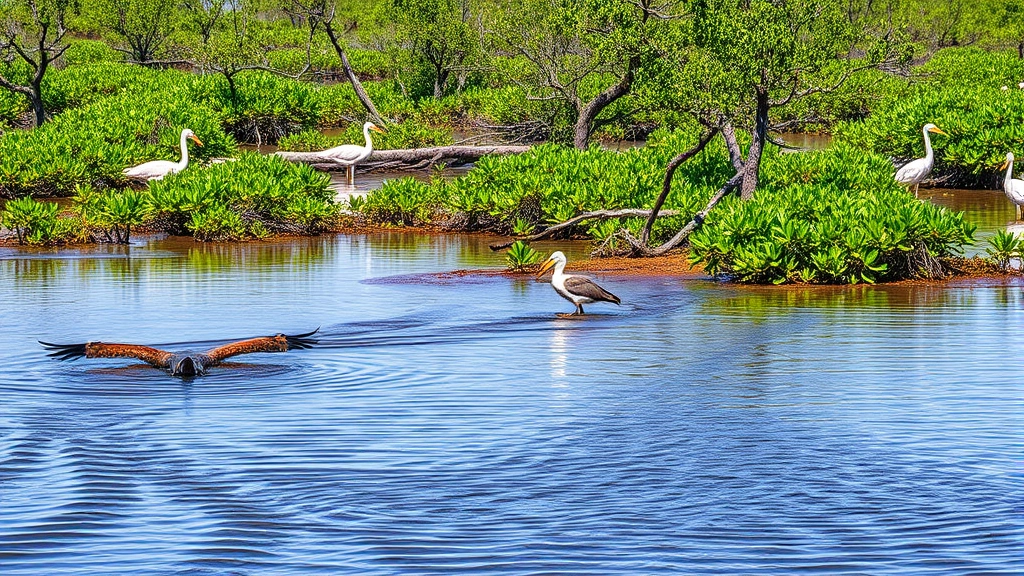 Coastal wetland ecosystem with mangroves, wading birds, clear water showing aquatic life, representing water purification and flood protection services, photorealistic nature documentation