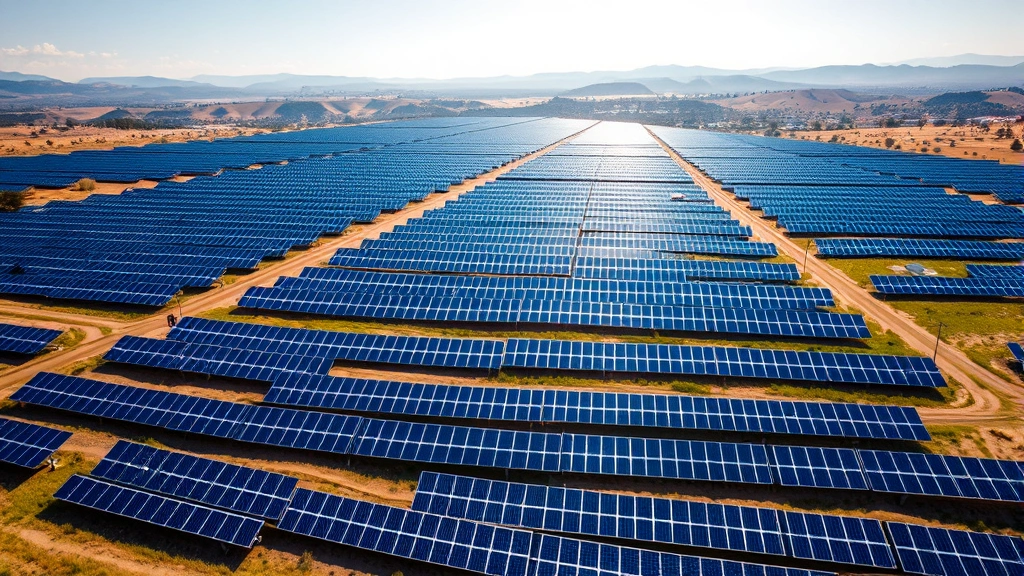 Aerial view of expansive solar farm with thousands of blue photovoltaic panels stretching across rolling landscape under bright sunlight, demonstrating renewable energy infrastructure at scale with natural terrain visible between arrays