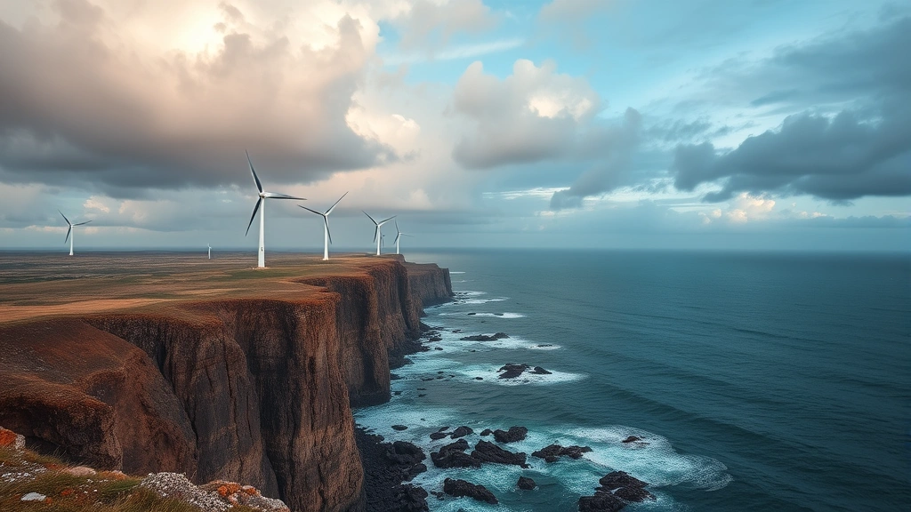 Modern wind turbines positioned on coastal cliffs overlooking ocean with dramatic cloudy sky, showing renewable energy generation in natural maritime environment with waves and rocky coastline below