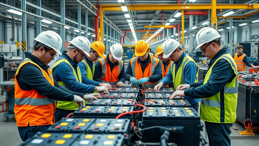 Diverse team of workers in safety gear assembling electric vehicle battery pack on advanced manufacturing assembly line with industrial lighting, representing green economy employment and technological innovation in sustainable production