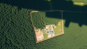 Aerial view of pristine forest ecosystem meeting industrial development zone with clear boundary line, showing contrast between protected and managed landscapes, natural light, photorealistic