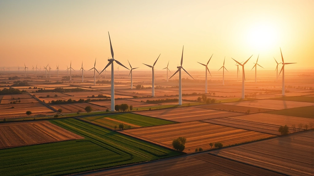 Modern renewable energy wind turbines in landscape with traditional agricultural fields, demonstrating sustainable economic transition, golden hour lighting, photorealistic detail