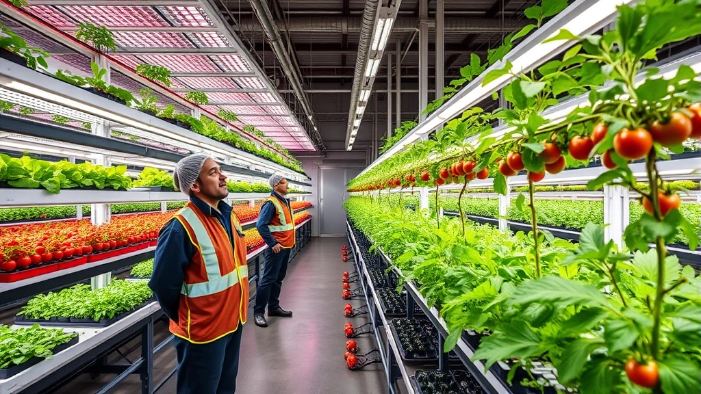 Vertical farming facility with stacked growing beds under LED lights, workers in protective gear monitoring hydroponic systems, modern urban greenhouse interior with rows of leafy greens and tomatoes growing under artificial lighting, showcasing technological agricultural innovation