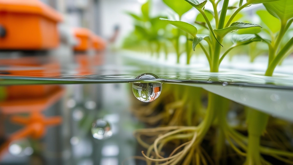 Water droplet on hydroponic nutrient solution with plant root systems visible, close-up of sustainable agriculture technology showing efficient water recycling systems, controlled environment monitoring sensors and automated irrigation equipment, emphasizing resource efficiency and precision agriculture