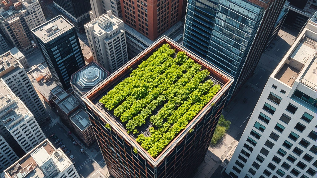 Aerial view of urban rooftop vertical farm surrounded by city buildings, contrast between dense urban development and localized food production facility, showing supply chain proximity and sustainable city food systems, natural daylight on modern agricultural infrastructure