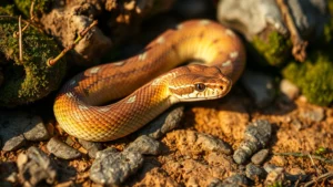 Close-up of corn snake resting on natural cork bark substrate with moss-covered rocks, warm side lighting creating natural shadows, photorealistic detail of snake scales and habitat texture