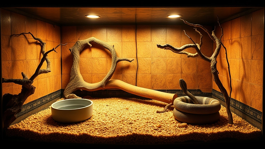 Panoramic view of professional corn snake enclosure with layered substrate, cork hide structures, climbing branches, water bowl, and thermal gradient setup, warm golden lighting on basking area fading to cool shadows