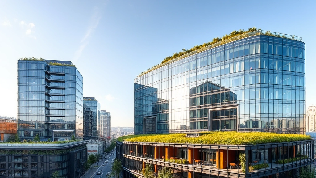 Modern glass and steel corporate office buildings with green rooftops and urban gardens in Tbilisi's business district, contemporary architecture reflecting sustainable development, clear sky, professional environment
