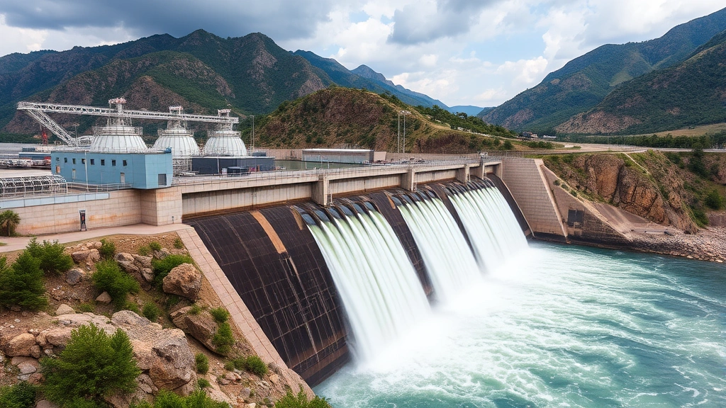 Hydroelectric dam with flowing water and mountains in background, renewable energy infrastructure in Georgia, natural landscape with industrial facility integration, environmental stewardship demonstration, dramatic natural scenery