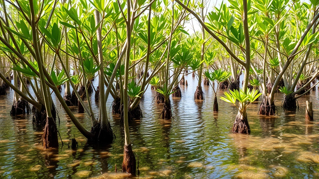 Restored coastal mangrove forest with young trees establishing root systems in shallow water, showing active ecosystem recovery and storm protection infrastructure providing economic value